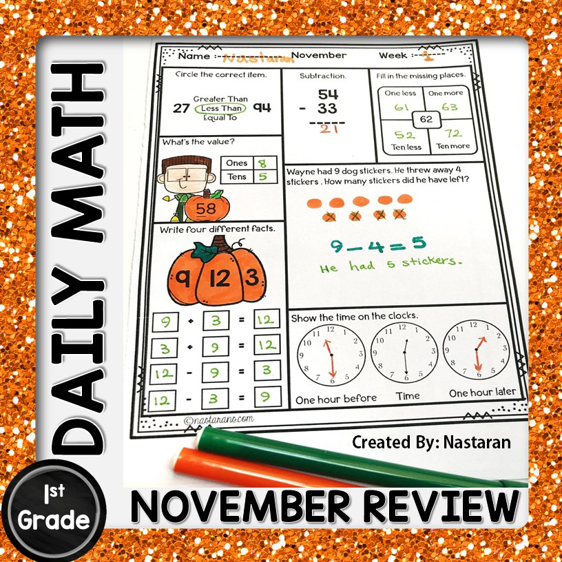 Looking for morning work math activities for your kids during November and Thanksgiving? Check out this free November worksheet for 1st graders and homeschoolers.  Using spiral math is great for Homework, Morning Work, Warm-Ups, or even Math Center Activities. These no preparation worksheets are also aligned with common core standards! Fun for students and print and go for teachers.#firstgrade #mathcenters #classroom #November